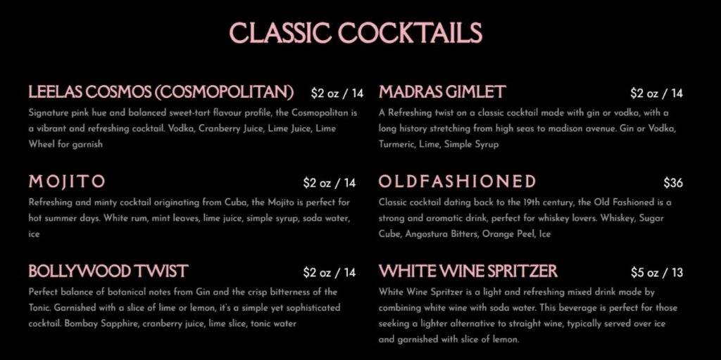 Menu of classic cocktails on black background, featuring old fashioned, martini, and negroni.