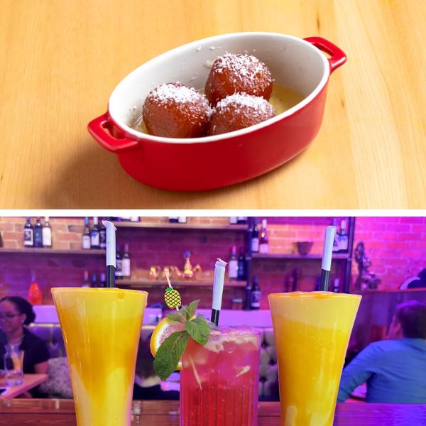 A table set with drinks and food, featuring traditional Indian sweets and beverages from Leela Indian Food Bar's menu.