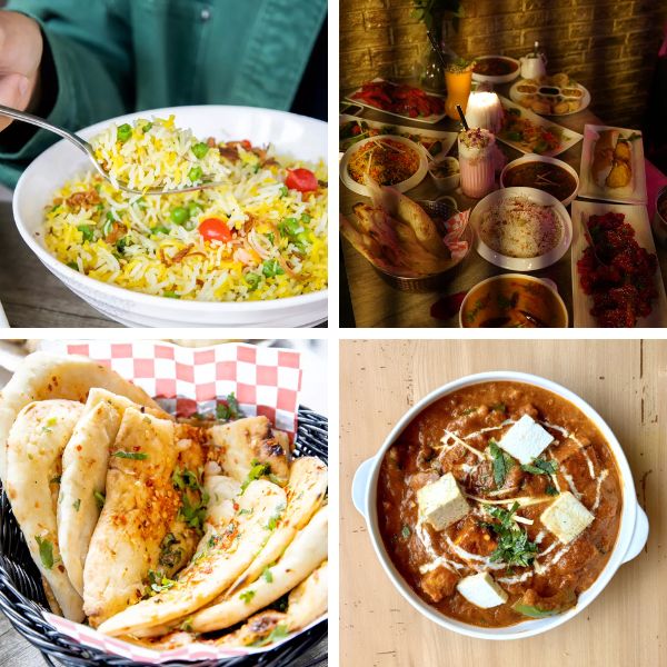 A collage of four food images featuring a person enjoying signature dishes at Leela Indian Food Bar, highlighting Indian cuisine.