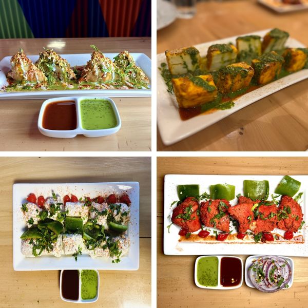 A collage of four distinct dishes on plates, showcasing a variety of appetizers from Leela Indian Food Bar's menu.